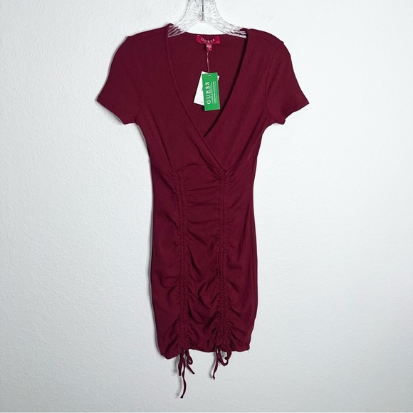 Guess Dress Womens Small Ruched Bodycon Scrunched Ties Red V neck B2 - Picture 1 of 9